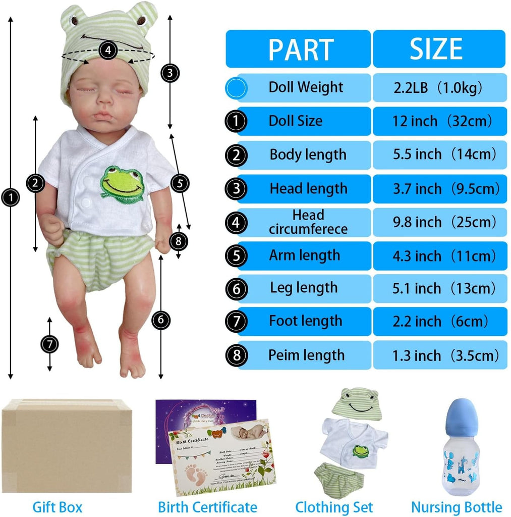 13 Inch Reborn Baby Doll Full Silicone Body Realistic Baby Boy Handmade Painted Doll with Clothes and Bottle Set for Kids